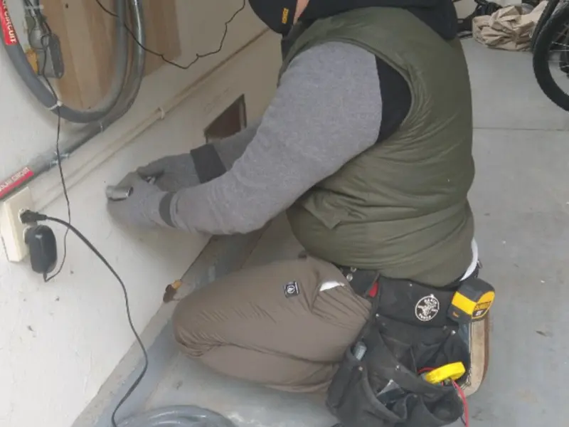 Electrician performing outlet wiring in a North Aurora garage